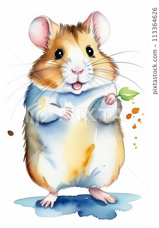 Watercolor cute happy hamster with a sprout, watercolor illustration 113364626
