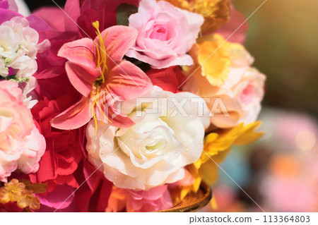 Bouquet of artificial flowers decoration in ceremony wedding. Bouquet of artificial flowers decoration in ceremony wedding. 113364803