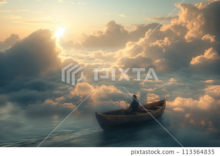 Serene cloudscape boat journey at sunrise 113364835