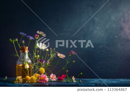 Bach flower essences on dark background 113364867