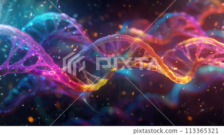 Colorful, fantasy DNA strands in dark space, embodying the complexity of genetics 113365321