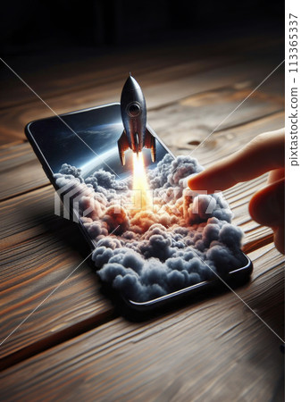 Illustration of launching a rocket into space from a mobile phone. The concept of starting and launching business projects 113365337