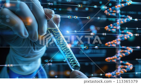 Precision in biotech: a person inserts a DNA sample in a tube into a sequencing machine 113365379