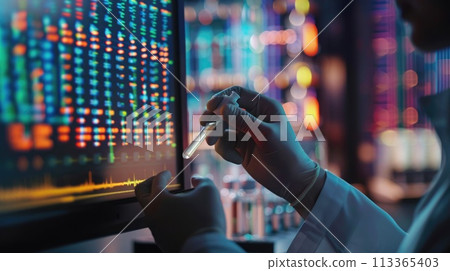 Expert handling DNA sample in a lab, placing it into a sequencing machine with care 113365403