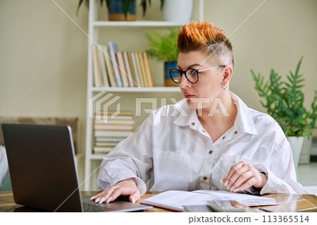Middle aged woman working with computer papers, remote workplace in home office Middle aged woman working with computer papers, remote workplace in home office 113365514