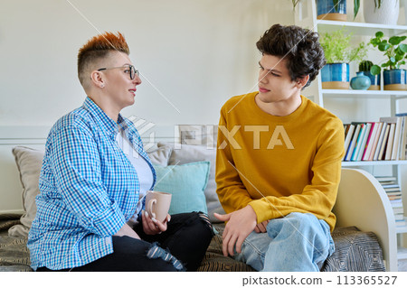 Happy middle-aged mother and son 19-20 years old, talking sitting together at home 113365527