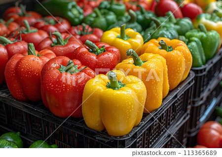 Display of Peppers and Vegetables in Baskets Generative AI 113365689