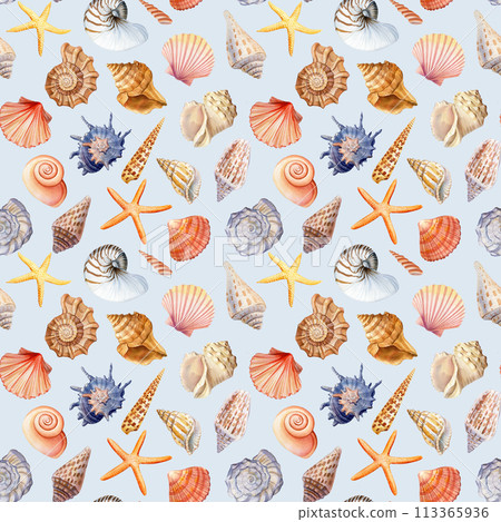 Seamless pattern with seashells, coral and starfish. Marine background. Watercolor illustration for wrapping , textile 113365936