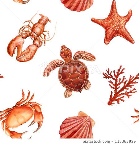 Watercolor seashell seamless pattern. Underwater creatures, crab, starfish, sea shell, coral, turtle, nautical wallpaper 113365959