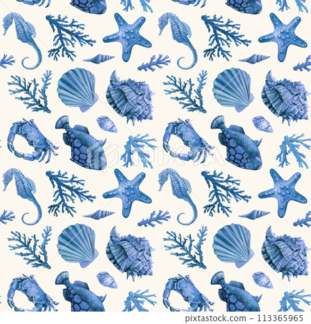 Blue seashell, crab, coral and fish. Marine illustration Seamless Pattern watercolor Design, wallpaper underwater, sea 113365965