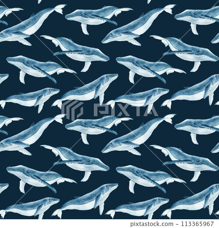 Whale.Trendy Hand drawn Marine illustration. Whale Seamless Pattern watercolor Design for fabric, wallpaper, cover 113365967