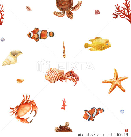 Watercolor seashell seamless pattern. Underwater creatures, crab, starfish, sea shell coral, nautical Design wallpaper 113365969