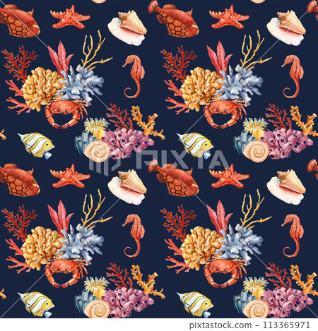 Watercolor seashell seamless pattern. Underwater creatures, crab, starfish, sea shell coral, nautical Design wallpaper 113365971
