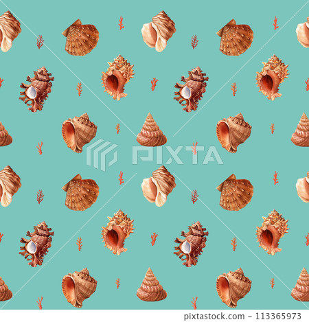 Watercolor seashell seamless pattern. Underwater creatures sea shell, nautical Design wallpaper 113365973