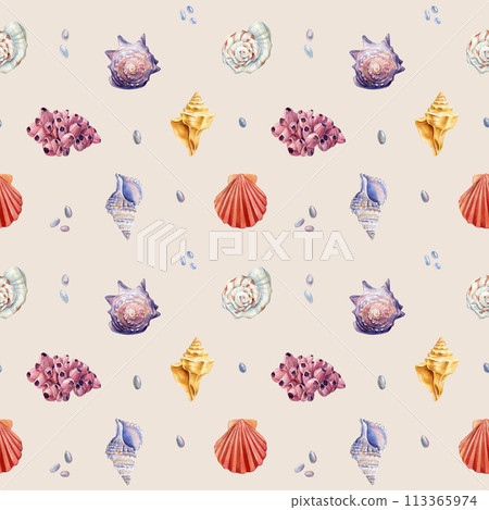 Watercolor seashell seamless pattern. Underwater creatures, Seashell repeat texture background. Hand drawn wallpaper Watercolor seashell seamless pattern. Underwater creatures, Seashell repeat texture background. Hand drawn wallpaper 113365974