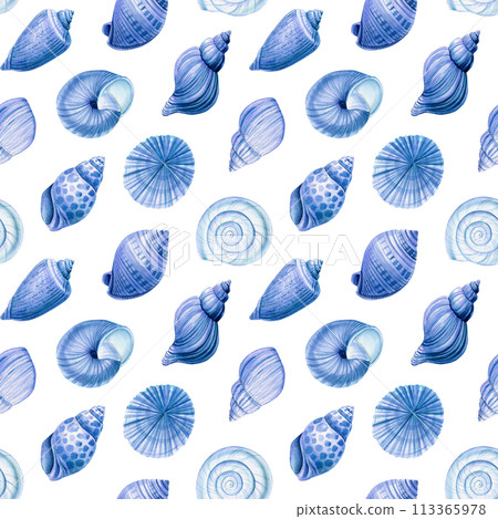 Watercolor marine seamless patterns. Seashells nautical wallpaper, background Hand drawn painting. Blue sea shell Watercolor marine seamless patterns. Seashells nautical wallpaper, background Hand drawn painting. Blue sea shell 113365978