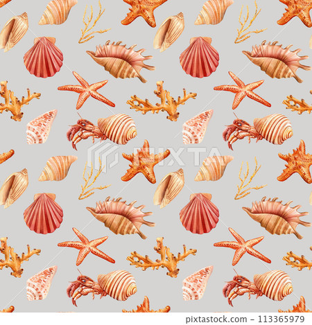 Watercolor Seamless pattern with seashell, coral, crab, starfish nautical wallpaper, sea background design Hand drawn  113365979