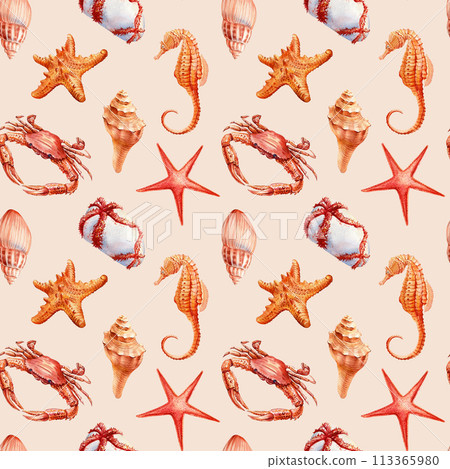 Watercolor sea summer seamless pattern. Underwater creatures, crab, starfish, sea shell, coral, Marine background design Watercolor sea summer seamless pattern. Underwater creatures, crab, starfish, sea shell, coral, Marine background design 113365980