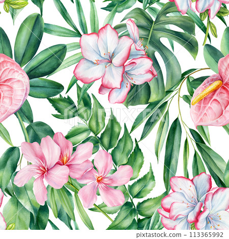 Tropical palm leaves and flowers Seamless pattern. Floral background watercolor hand drawing, Jungle patterns, wallpaper 113365992