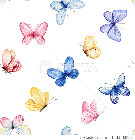 Watercolor colorful butterflies. Seamless pattern Spring illustration of blue, yellow, pink butterfly. Design background 113366096