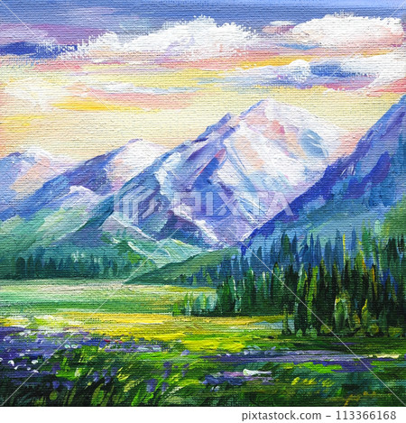 mountain landscape painted on canvas with oil, acrylic. Painting for the interior with nature. Mini canvas colorful art mountain landscape painted on canvas with oil, acrylic. Painting for the interior with nature. Mini canvas colorful art 113366168