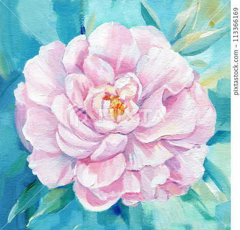 Pink peony painted on canvas with oil, acrylic painting. impressionism paint blooming flower meadow. Blue background 113366169