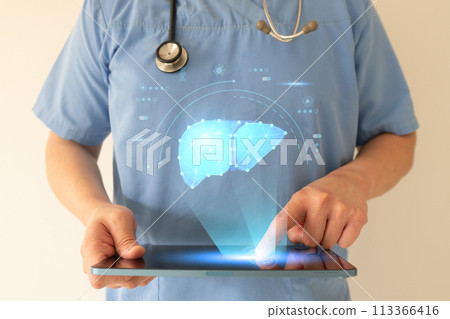 Doctor check up liver organ hologram by digital tablet. Awareness of prevention and treatment liver disease such as hepatitis, fatty liver, cirrhosis or liver cancer. Medical technology. Doctor check up liver organ hologram by digital tablet. Awareness of prevention and treatment liver disease such as hepatitis, fatty liver, cirrhosis or liver cancer. Medical technology. 113366416