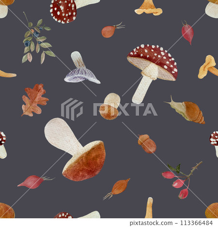 Wild forest plants, mushroom watercolor seamless pattern on grey. Wild forest plants, mushroom watercolor seamless pattern on grey. 113366484