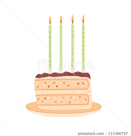 Anniversary cake piece with flaming candles. Sweet holiday bakery slice. Pastry dessert with cream. Vector birthday pie hand drawn illustration isolated on white background. Anniversary cake piece with flaming candles. Sweet holiday bakery slice. Pastry dessert with cream. Vector birthday pie hand drawn illustration isolated on white background. 113366797