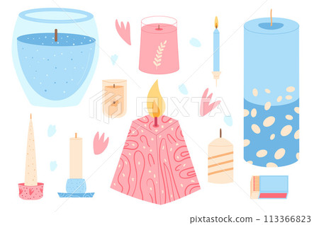 Scented candles different shapes set. Wax, soy, paraffin candles in containers pillar. Spa accessories for relax collection isolated. Interior cosy decoration. Vector flat illustration 113366823