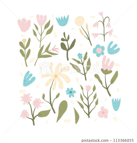 Hand drawn flowers set. Botanical various nature spring elements. Modern abstract floral, geometric and leaves shapes. Vector illustration. Hand drawn flowers set. Botanical various nature spring elements. Modern abstract floral, geometric and leaves shapes. Vector illustration. 113366855