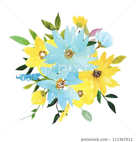 Yellow Blue Watercolour Flower Clipart Floral Arrangement with Flowers Leaves 113367012