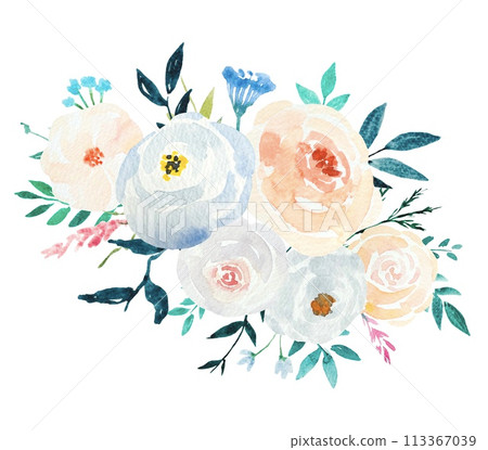 Pastel Pink Blue Watercolor Floral Bouquet, Flower Arrangement 113367039
