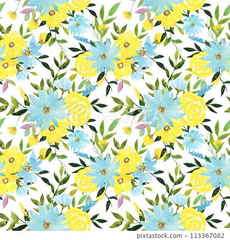 Floral pattern with blue and yellow flowers, watercolor Floral pattern with blue and yellow flowers, watercolor 113367082