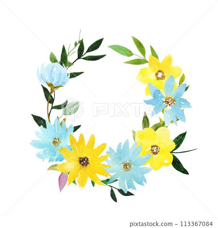 Floral wreath with blue and yellow flowers, watercolor Floral wreath with blue and yellow flowers, watercolor 113367084