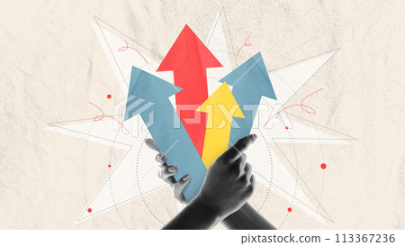 Poster. Contemporary art collage. Black and white hands holding bunch of colorful arrows pointing up against textured background. 113367236