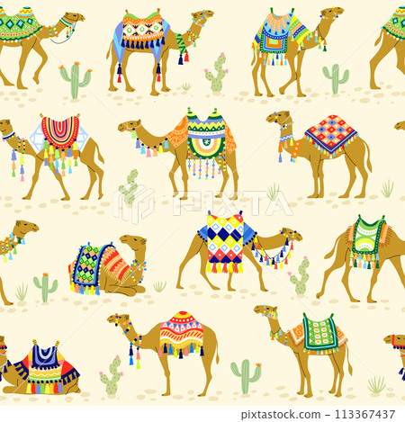 Camel pattern. Seamless background with decorative camels illustrations recent vector template for textile design Camel pattern. Seamless background with decorative camels illustrations recent vector template for textile design 113367437