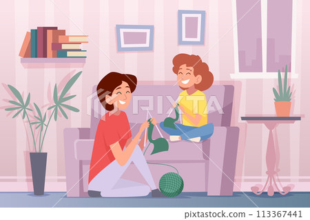 Mother and daughter. Cartoon background illustration happy girls in family mother with daughter making homework exact vector picture Mother and daughter. Cartoon background illustration happy girls in family mother with daughter making homework exact vector picture 113367441