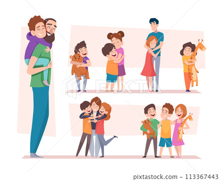 Kids hugging. Warm children hugs happy kids holding toys exact illustrations of family love Kids hugging. Warm children hugs happy kids holding toys exact illustrations of family love 113367443