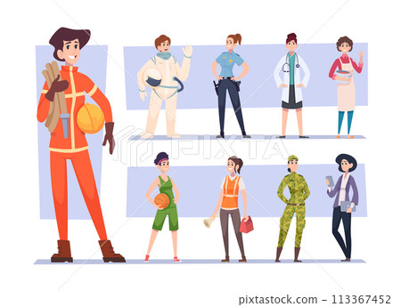 Woman occupations. Set of female characters workers athlete cook and other professional occupation exact vector illustrations 113367452