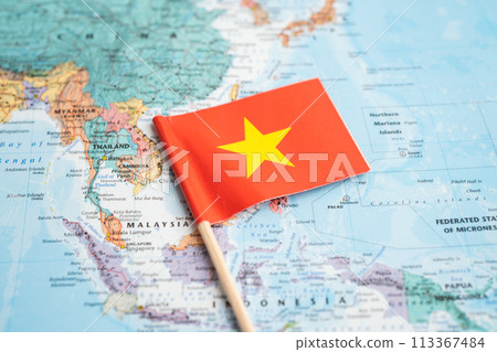 Bangkok, Thailand December 7, 2023, Vietnam flag on world map. Bangkok, Thailand December 7, 2023, Vietnam flag on world map. 113367484