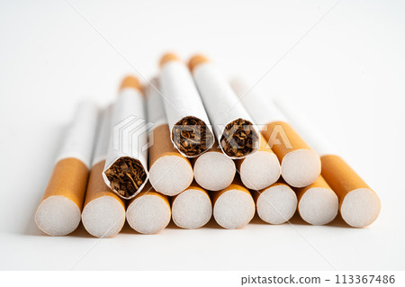 Cigarette on US dollar banknotes, cost, trading, marketing and production, No smoking, imort export concept. 113367486