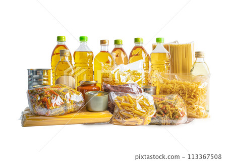 Foodstuff for donation isolated on white background, storage and delivery. Various food, pasta, cooking oil and canned food. 113367508