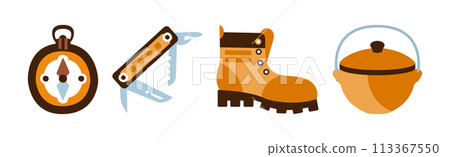 Tourist Cute Forest Equipment and Accessory Vector Set Tourist Cute Forest Equipment and Accessory Vector Set 113367550