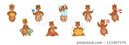 Funny Brown Bear Animal Forest Character Engaged in Different Activity Vector Set 113367574