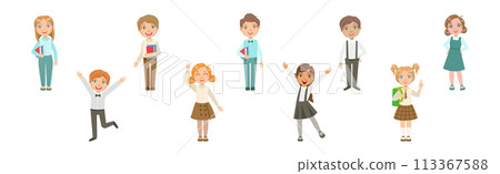 Kid Pupil Character Standing with Book Back to School Lesson Vector Set Kid Pupil Character Standing with Book Back to School Lesson Vector Set 113367588