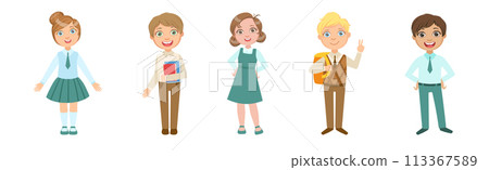 Kid Pupil Character Standing with Book Back to School Lesson Vector Set 113367589