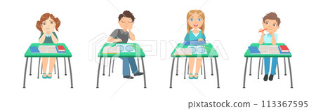 Kid Pupil Character at School Lesson Having Primary Education Vector Set Kid Pupil Character at School Lesson Having Primary Education Vector Set 113367595