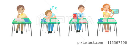 Kid Pupil Character at School Lesson Having Primary Education Vector Set Kid Pupil Character at School Lesson Having Primary Education Vector Set 113367596