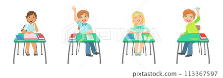 Kid Pupil Character at School Lesson Having Primary Education Vector Set Kid Pupil Character at School Lesson Having Primary Education Vector Set 113367597